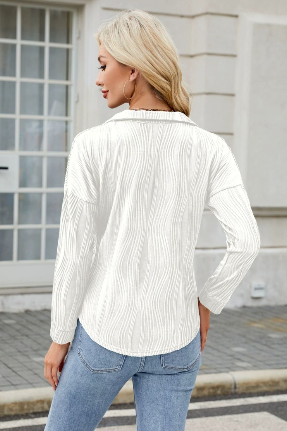 Texture Collared Neck Long Sleeve Blouse-TOPS / DRESSES-[Adult]-[Female]-2022 Online Blue Zone Planet