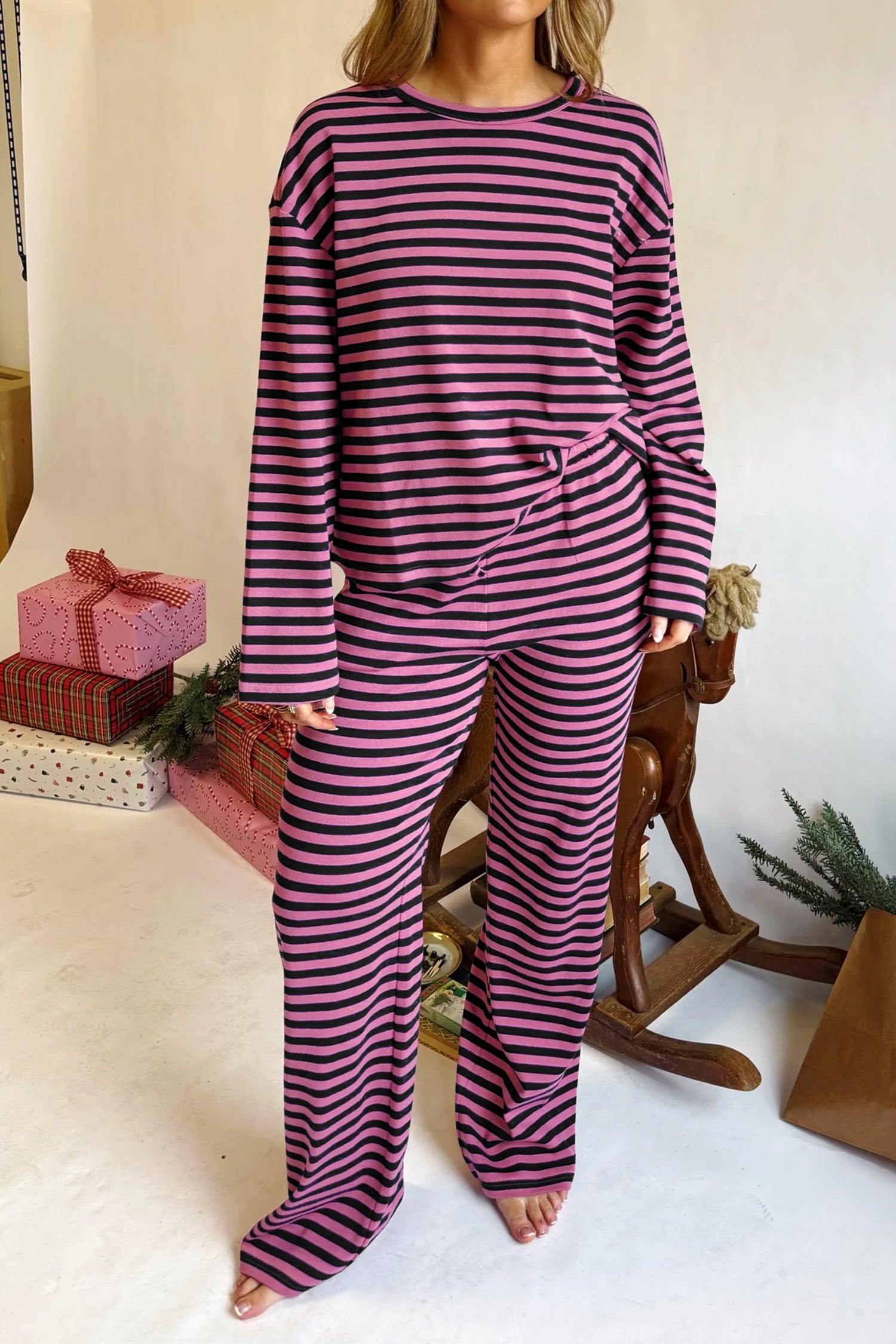 Pink Stripe Casual Long Sleeve Top Drawstring Pant Set-Two Piece Sets/Pant Sets-[Adult]-[Female]-2022 Online Blue Zone Planet