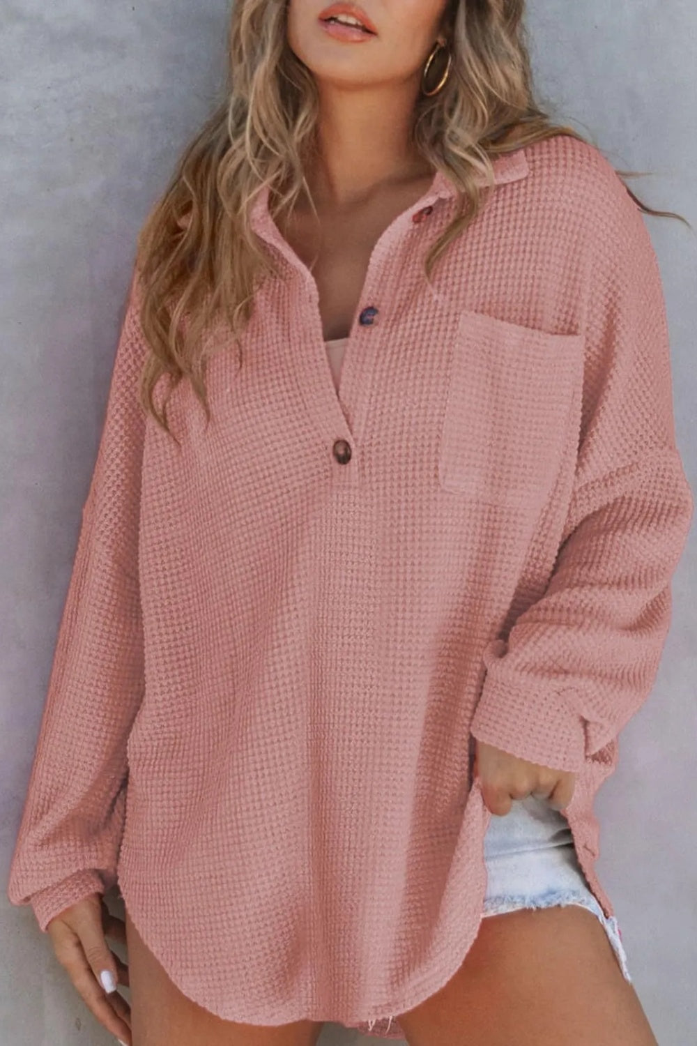 Half Button Long Sleeve Sweatshirt-TOPS / DRESSES-[Adult]-[Female]-Dusty Pink-S-2022 Online Blue Zone Planet