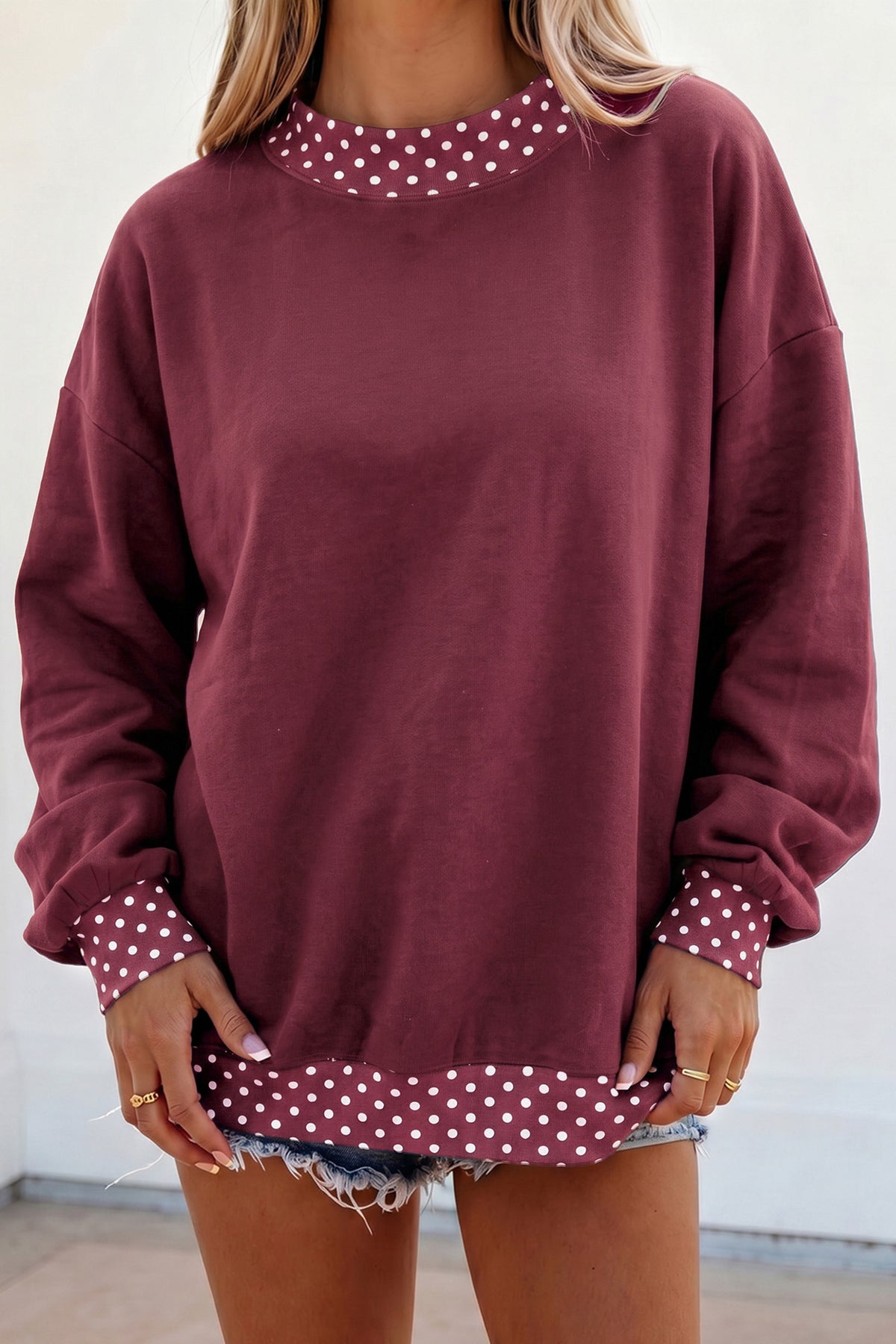 Dirty blue Colorblock Polka Dot Contrast Trim Oversized Sweatshirt-Tops/Sweatshirts & Hoodies-[Adult]-[Female]-2022 Online Blue Zone Planet