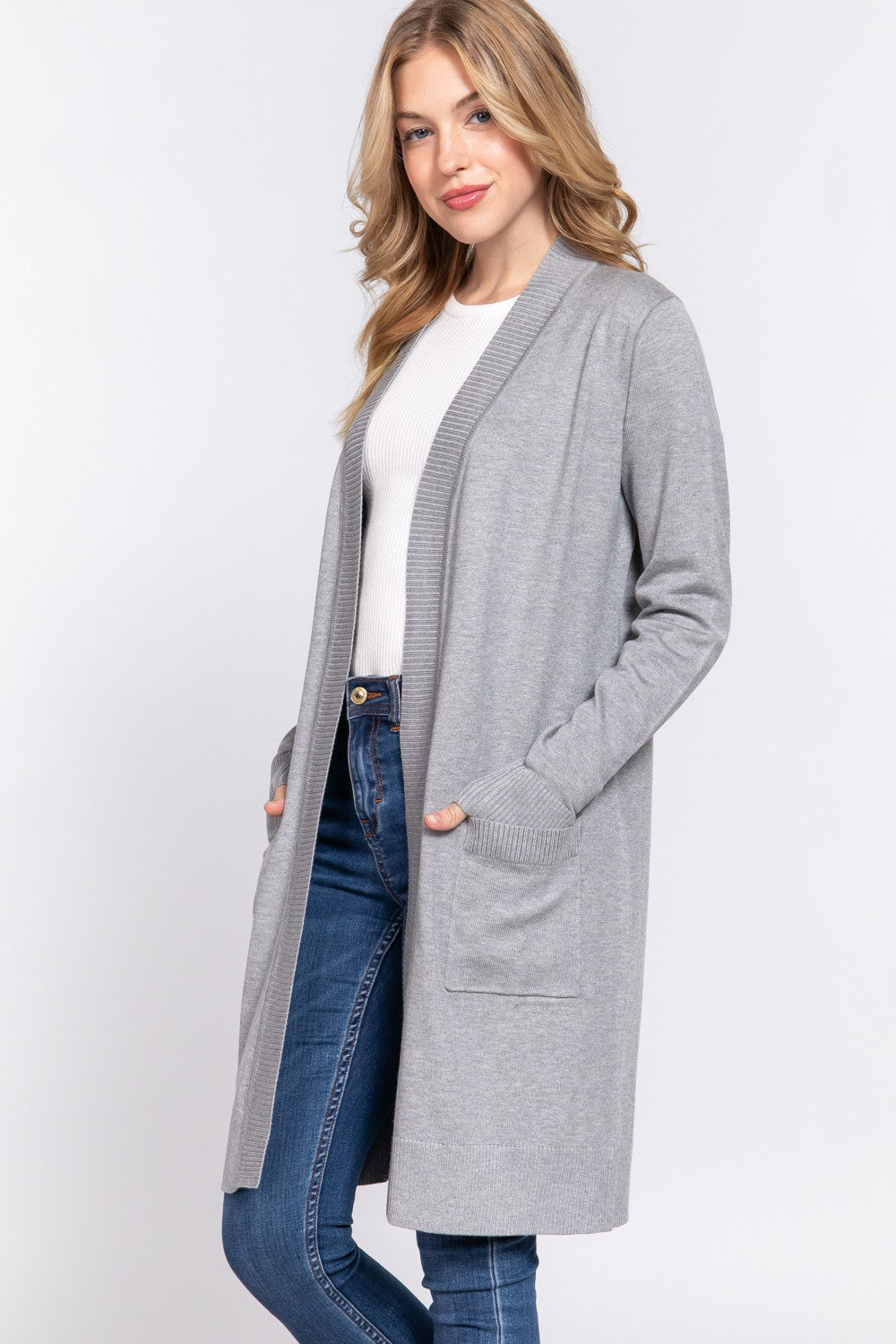 ACTIVE BASIC Open Front Rib Trim Long Sleeve Knit Cardigan-TOPS / DRESSES-[Adult]-[Female]-2022 Online Blue Zone Planet