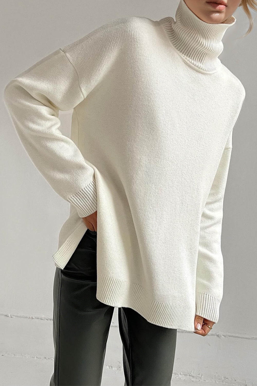 Basic Bae Side Slit Turtleneck Dropped Shoulder Sweater-TOPS / DRESSES-[Adult]-[Female]-White-One Size-2022 Online Blue Zone Planet