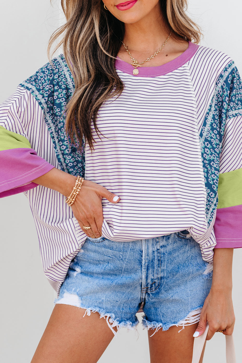 Purple Stripe Floral Color Block Raw Edge Patchwork Bracelet Sleeve Blouse-Bracelet-[Adult]-[Female]-2022 Online Blue Zone Planet
