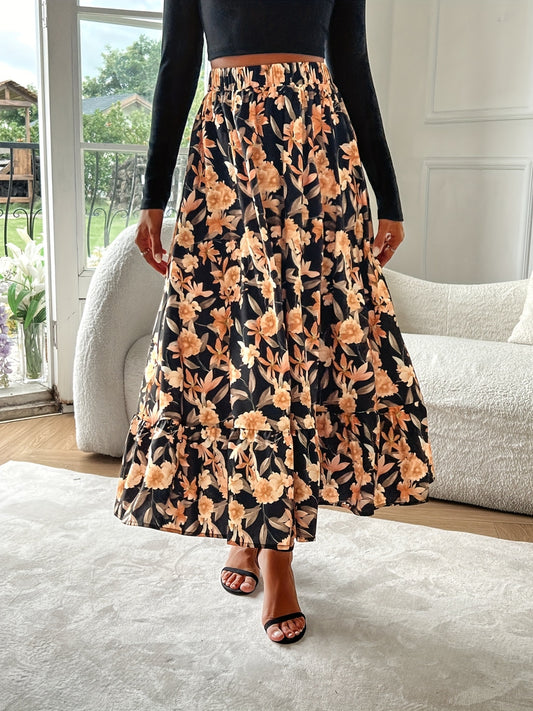 Floral Elastic Waist Midi Skirt-BOTTOMS SIZES SMALL MEDIUM LARGE-[Adult]-[Female]-Sherbet-S-2022 Online Blue Zone Planet