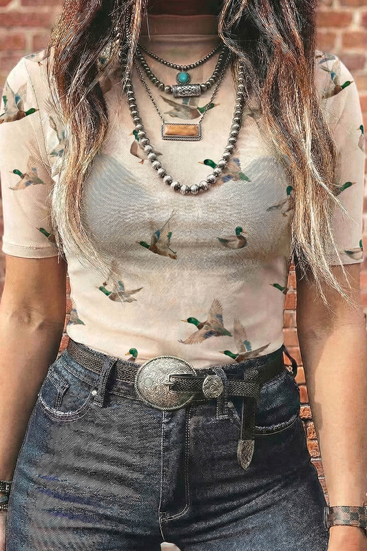 Beige Mallard Sheer Mesh Short Sleeve Top-Tops/Tops & Tees-[Adult]-[Female]-Beige-S-2022 Online Blue Zone Planet