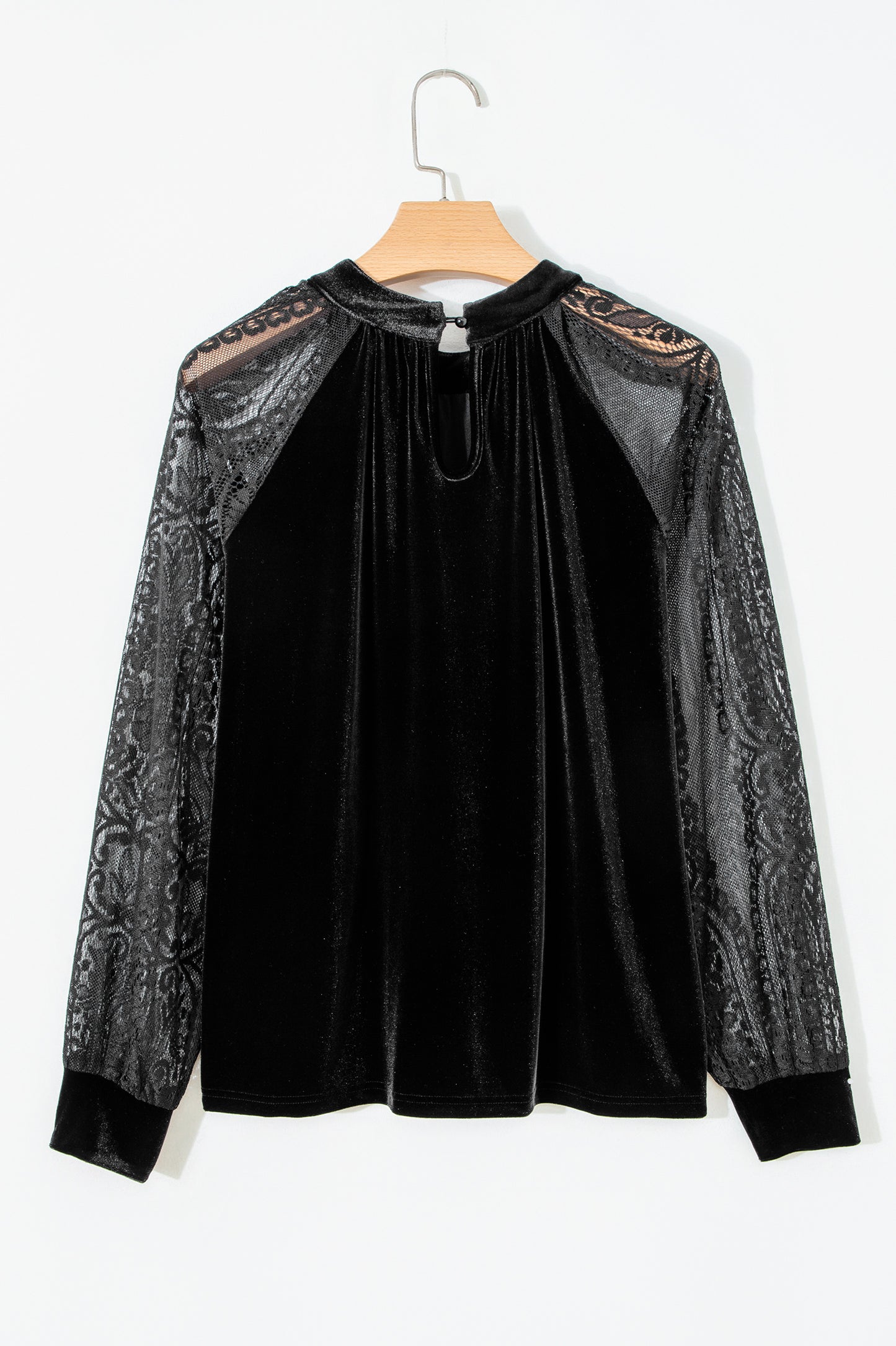 Color Black Solid Color Sheer Lace Long Sleeve Patchwork Stand Neck Velvet Blouse-Tops/Blouses & Shirts-[Adult]-[Female]-2022 Online Blue Zone Planet
