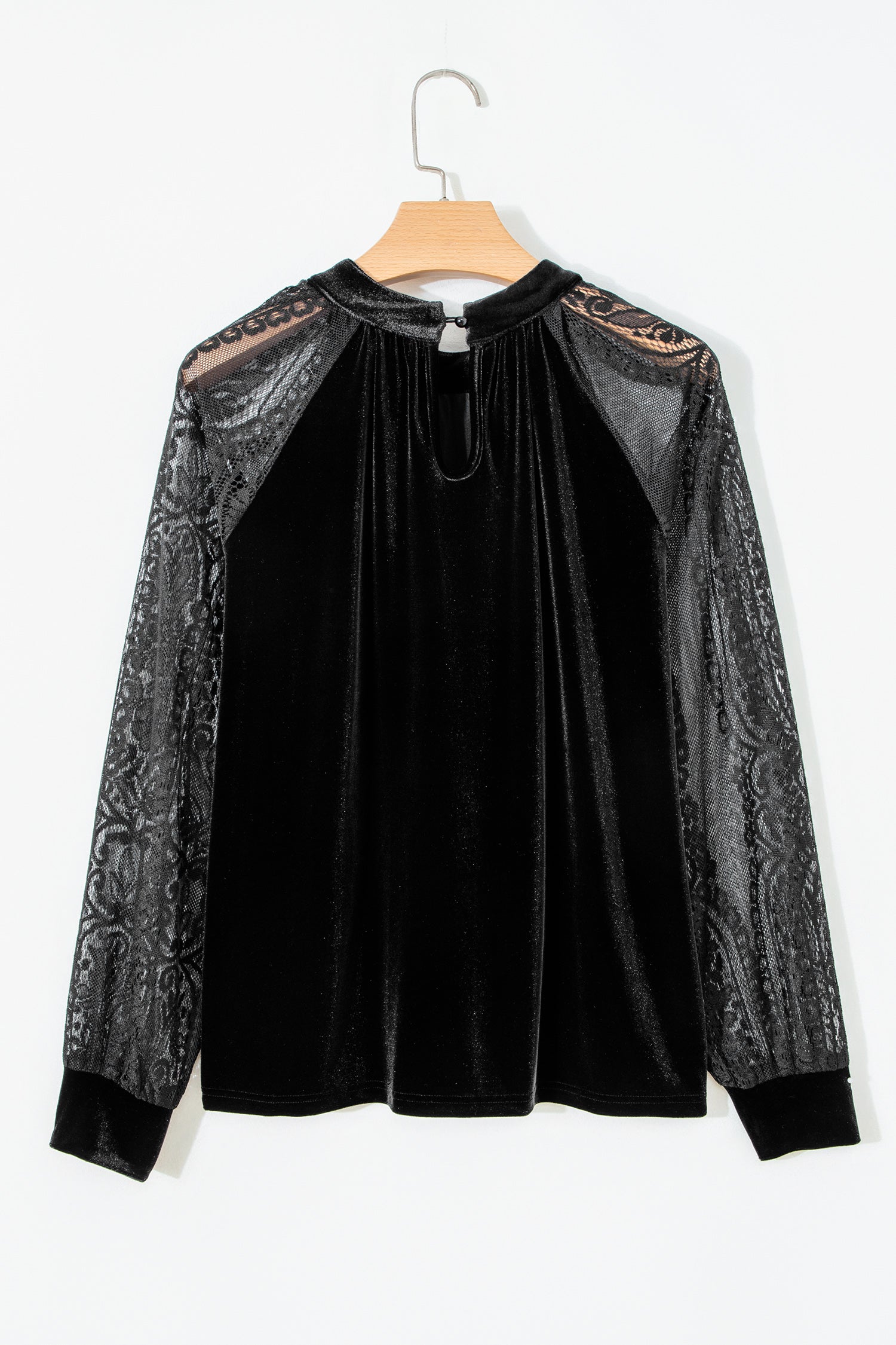 Color Black Solid Color Sheer Lace Long Sleeve Patchwork Stand Neck Velvet Blouse-Tops/Blouses & Shirts-[Adult]-[Female]-2022 Online Blue Zone Planet