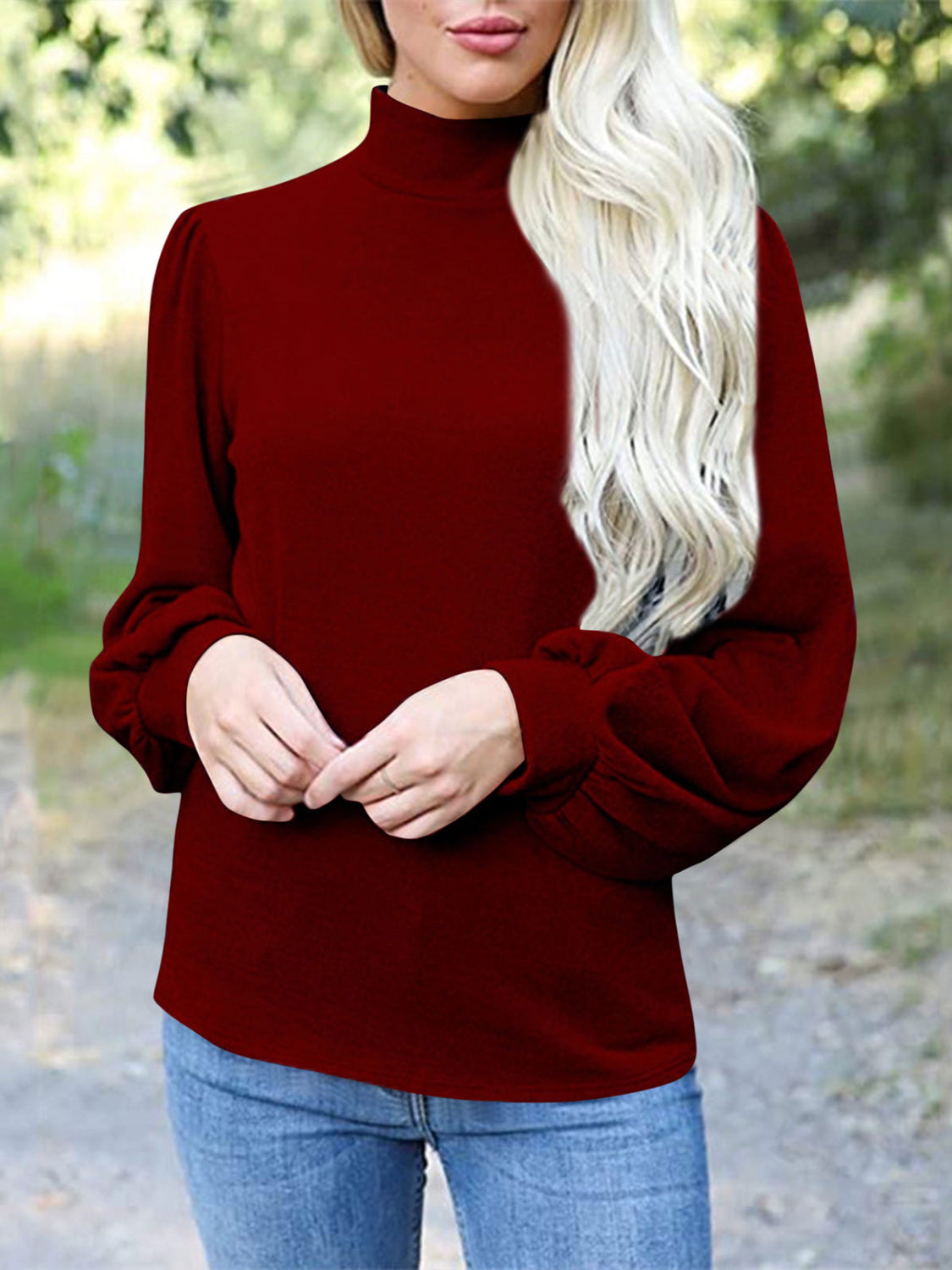 Full Size Mock Neck Long Sleeve T-Shirt-TOPS / DRESSES-[Adult]-[Female]-Burgundy-S-2022 Online Blue Zone Planet