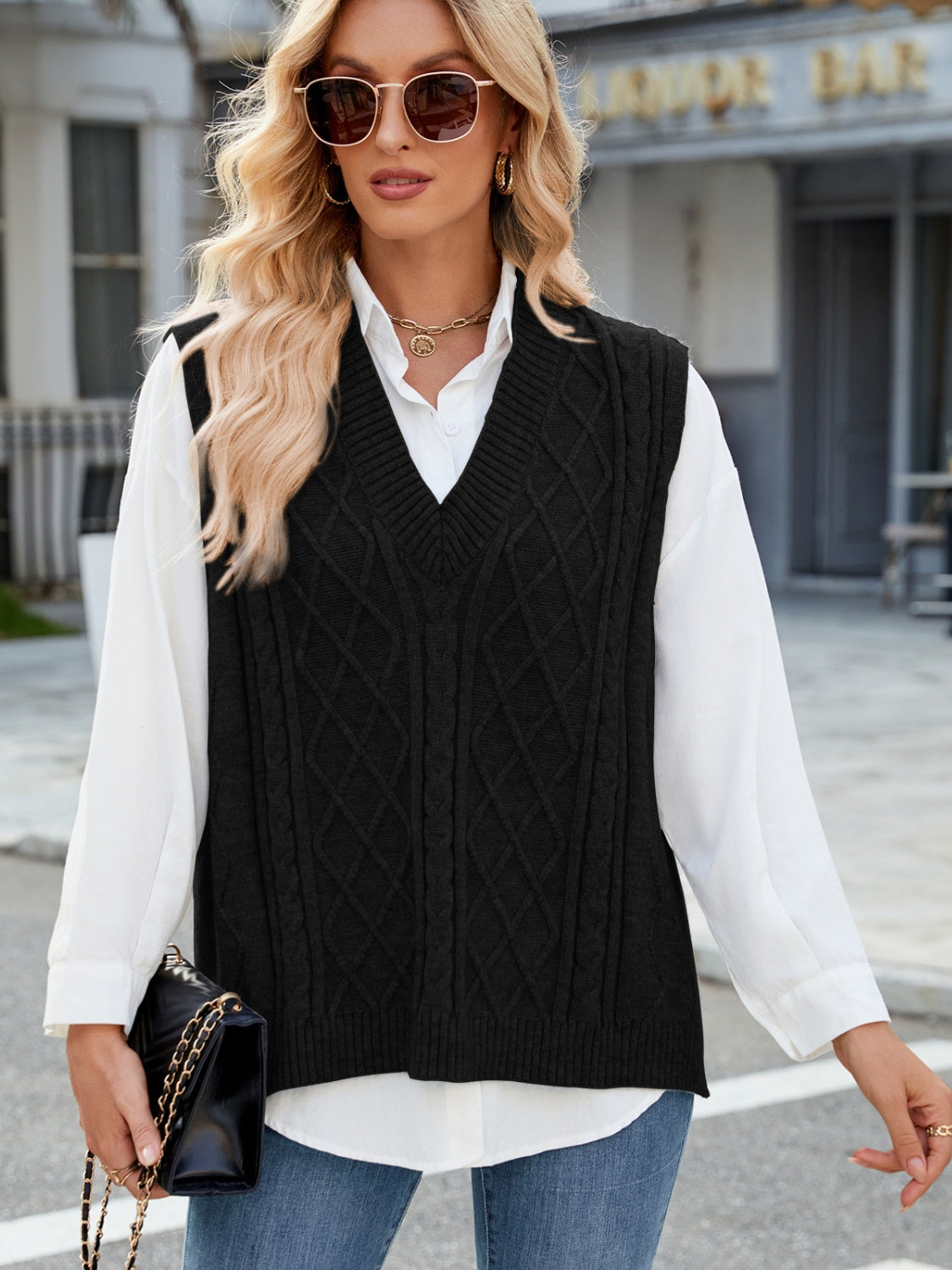 Cable Knit V-Neck Sweater Vest-TOPS / DRESSES-[Adult]-[Female]-2022 Online Blue Zone Planet