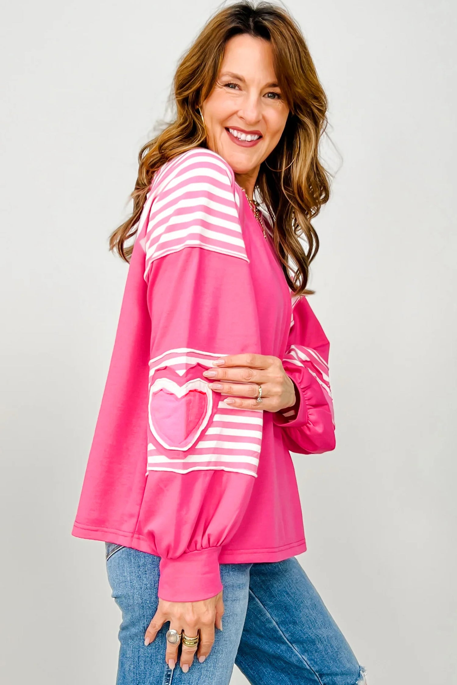 Strawberry Pink Heart Shape Striped Patchwork Long Sleeve Loose Top-Pre Order Tops-[Adult]-[Female]-2022 Online Blue Zone Planet