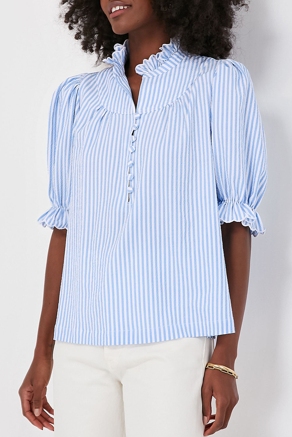 Sky Blue Stripe Ruffled Collar Puff Sleeve Half Buttons Blouse-Tops/Blouses & Shirts-[Adult]-[Female]-Sky Blue Stripe-S-2022 Online Blue Zone Planet