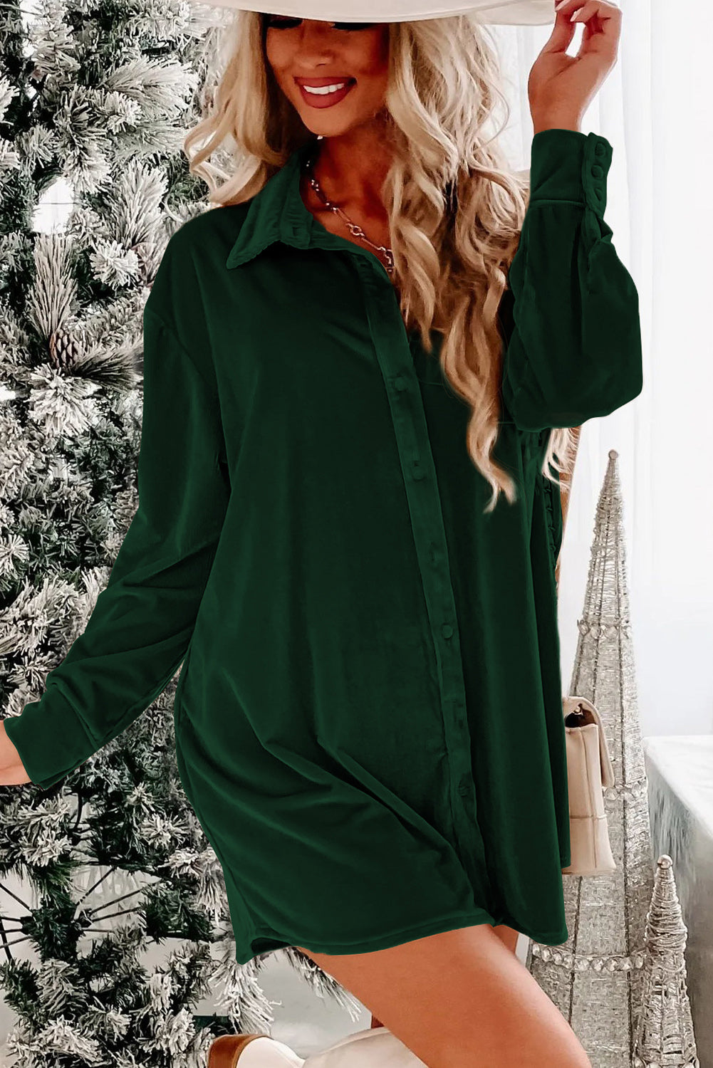 Blue Zone Planet | Blackish Green Velvet Button Front Shirt Mini Dress-TOPS / DRESSES-[Adult]-[Female]-2022 Online Blue Zone Planet