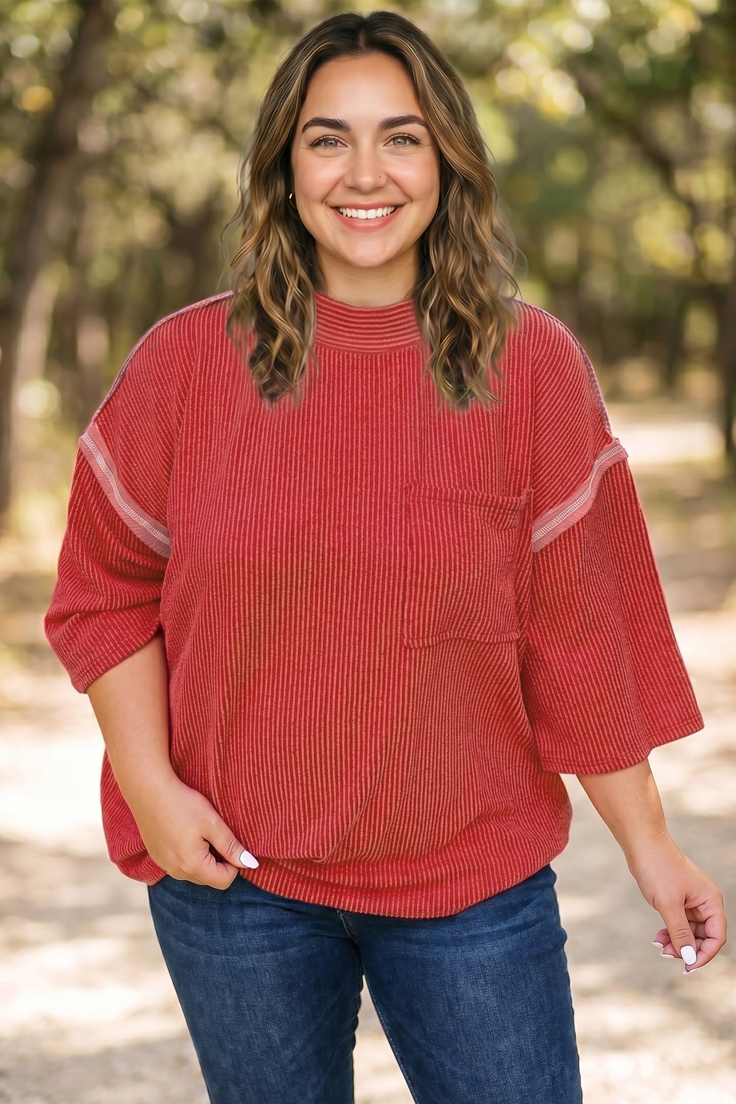 Fiery Red Twist Ribbed Tunic Round Neck Bracelet Sleeve Plus Size Blouse-Plus Size/Plus Size Tops/Plus Size Tops & Tees-[Adult]-[Female]-2022 Online Blue Zone Planet