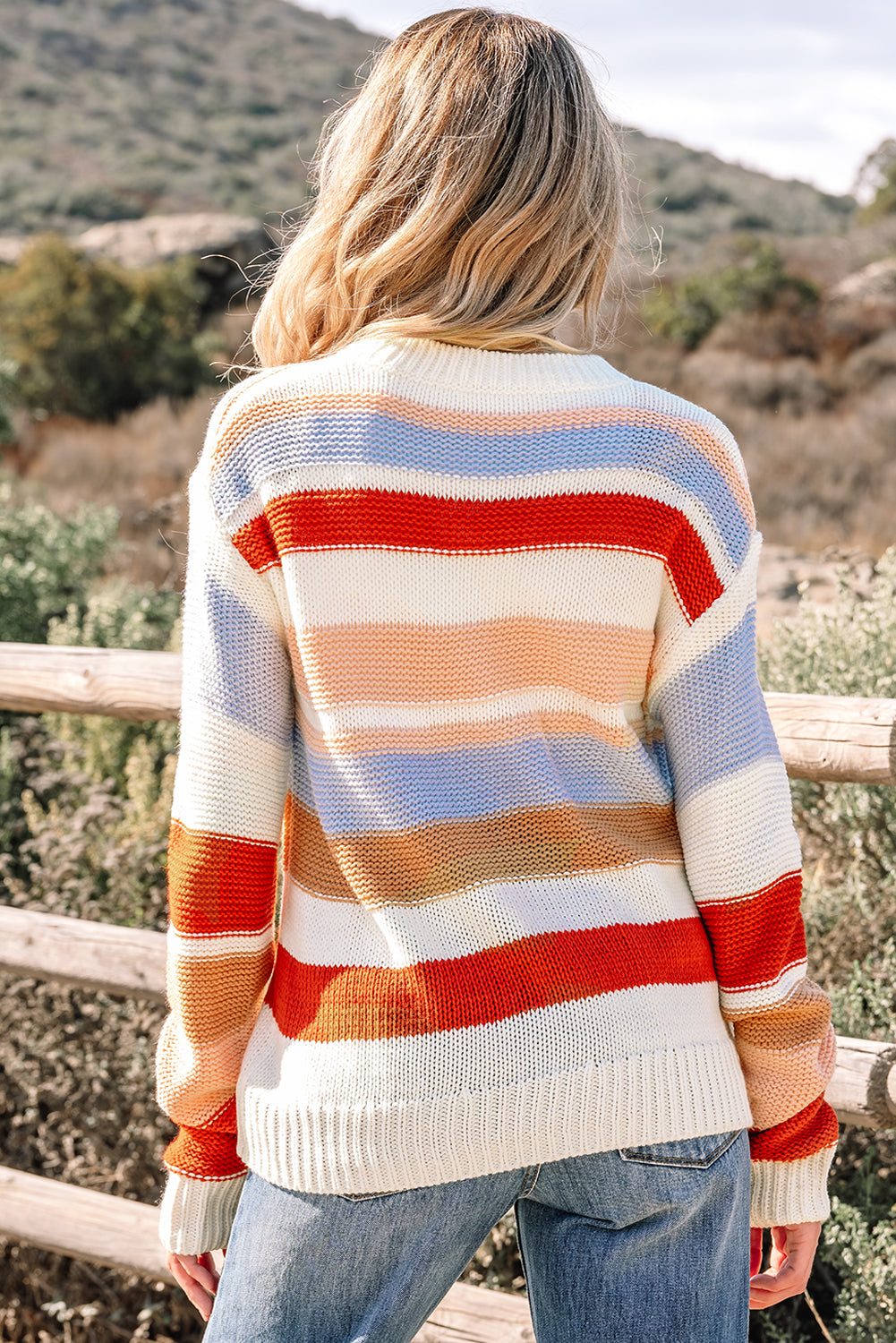 Pink Striped Colorblock Round Neck Drop Shoulder Sweater-Sweaters & Cardigans/Sweaters-[Adult]-[Female]-2022 Online Blue Zone Planet