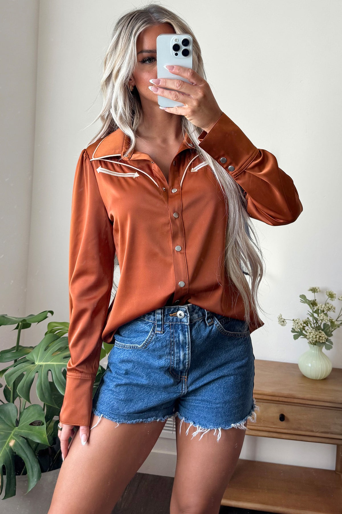 Cinnamon Silky Long Sleeve Button Front Western Fashion Shirt-Tops/Blouses & Shirts-[Adult]-[Female]-2022 Online Blue Zone Planet