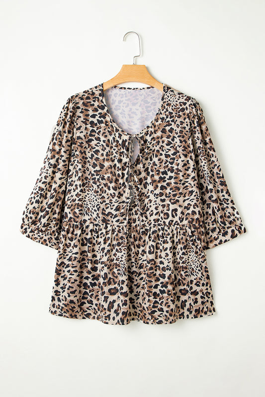 Khaki Leopard Print Lace-up Ruffled 3/4 Sleeve Plus Size Blouse-Plus Size/Plus Size Tops/Plus Size Blouses & Shirts-[Adult]-[Female]-2022 Online Blue Zone Planet