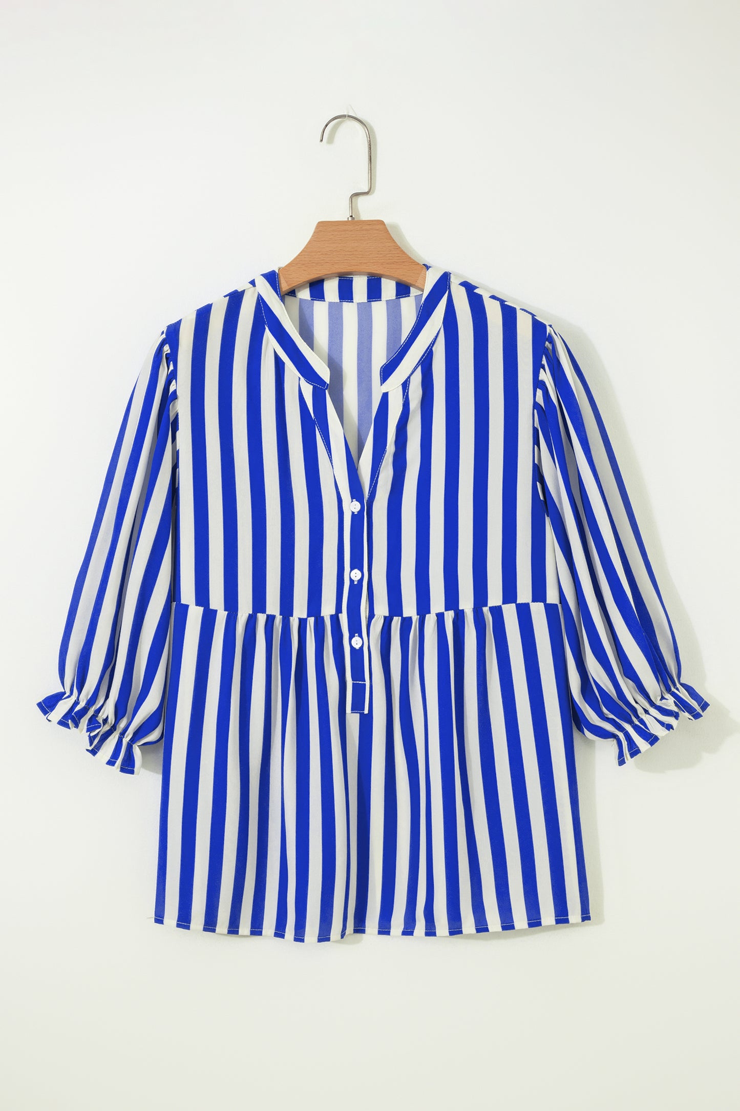 Sky Blue Stripe Balloon Sleeve Loose Button up Shirt-Tops/Blouses & Shirts-[Adult]-[Female]-2022 Online Blue Zone Planet