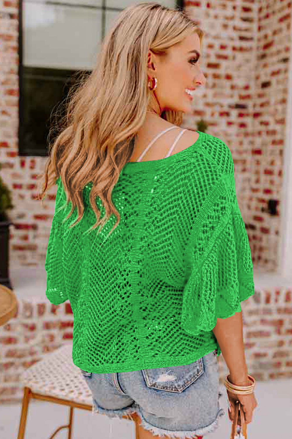Rose Red Pointelle Knit Scallop Edge Short Sleeve Top-Sweaters & Cardigans/Short Sleeve Sweaters-[Adult]-[Female]-2022 Online Blue Zone Planet