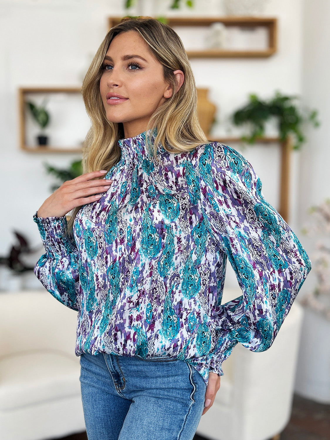 Blue Zone Planet | Double Take Full Size Printed Smocked Long Sleeve Blouse-TOPS / DRESSES-[Adult]-[Female]-2022 Online Blue Zone Planet