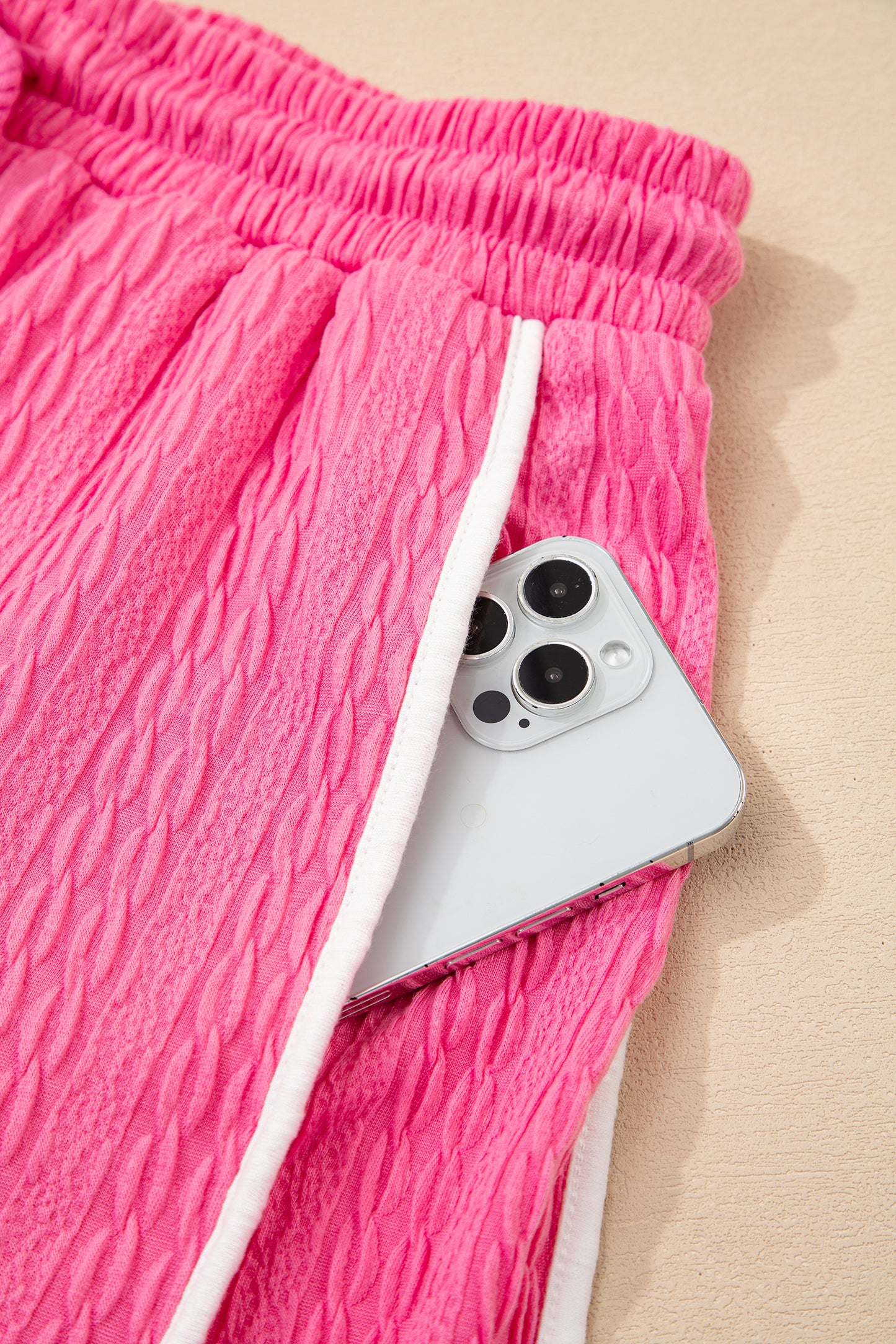 Bright Pink Textured Color Block Trim Loose Tee Drawstring Shorts 2pcs Set-Two Piece Sets/Short Sets-[Adult]-[Female]-2022 Online Blue Zone Planet