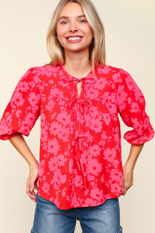 Blue Zone Planet | Haptics Full Size Ribbon Bow Floral Balloon Sleeve Blouse-TOPS / DRESSES-[Adult]-[Female]-2022 Online Blue Zone Planet