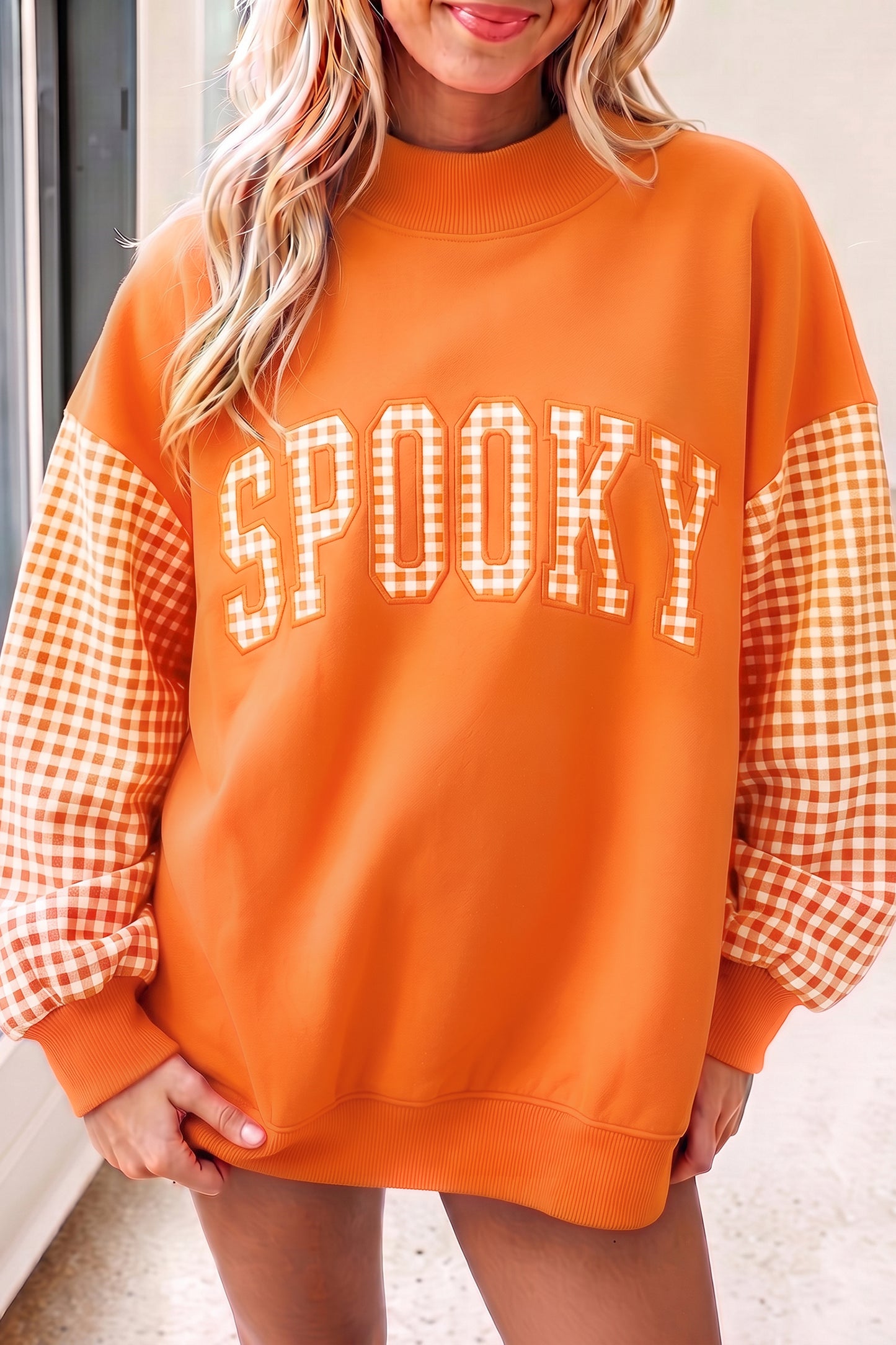 Carrot Gingham Plaid Oversized Pullover Sweatshirt-Tops/Sweatshirts & Hoodies-[Adult]-[Female]-Carrot-S-2022 Online Blue Zone Planet
