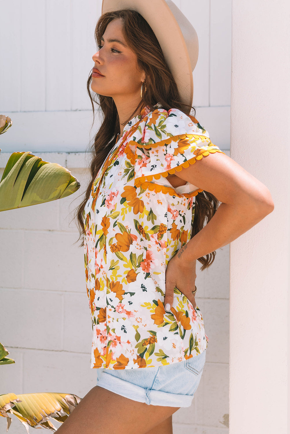 Russet Orange Ruffled V Neck Scalloped Short Sleeve Floral Blouse-Tops/Blouses & Shirts-[Adult]-[Female]-2022 Online Blue Zone Planet