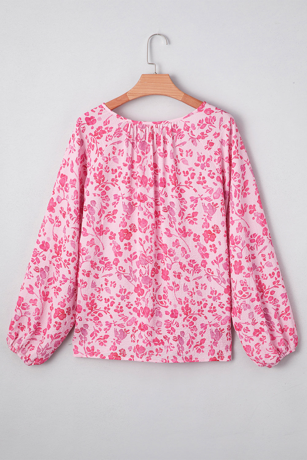 Pink Floral Puff Sleeve Split Neck Lightweight Blouse-Tops/Blouses & Shirts-[Adult]-[Female]-2022 Online Blue Zone Planet