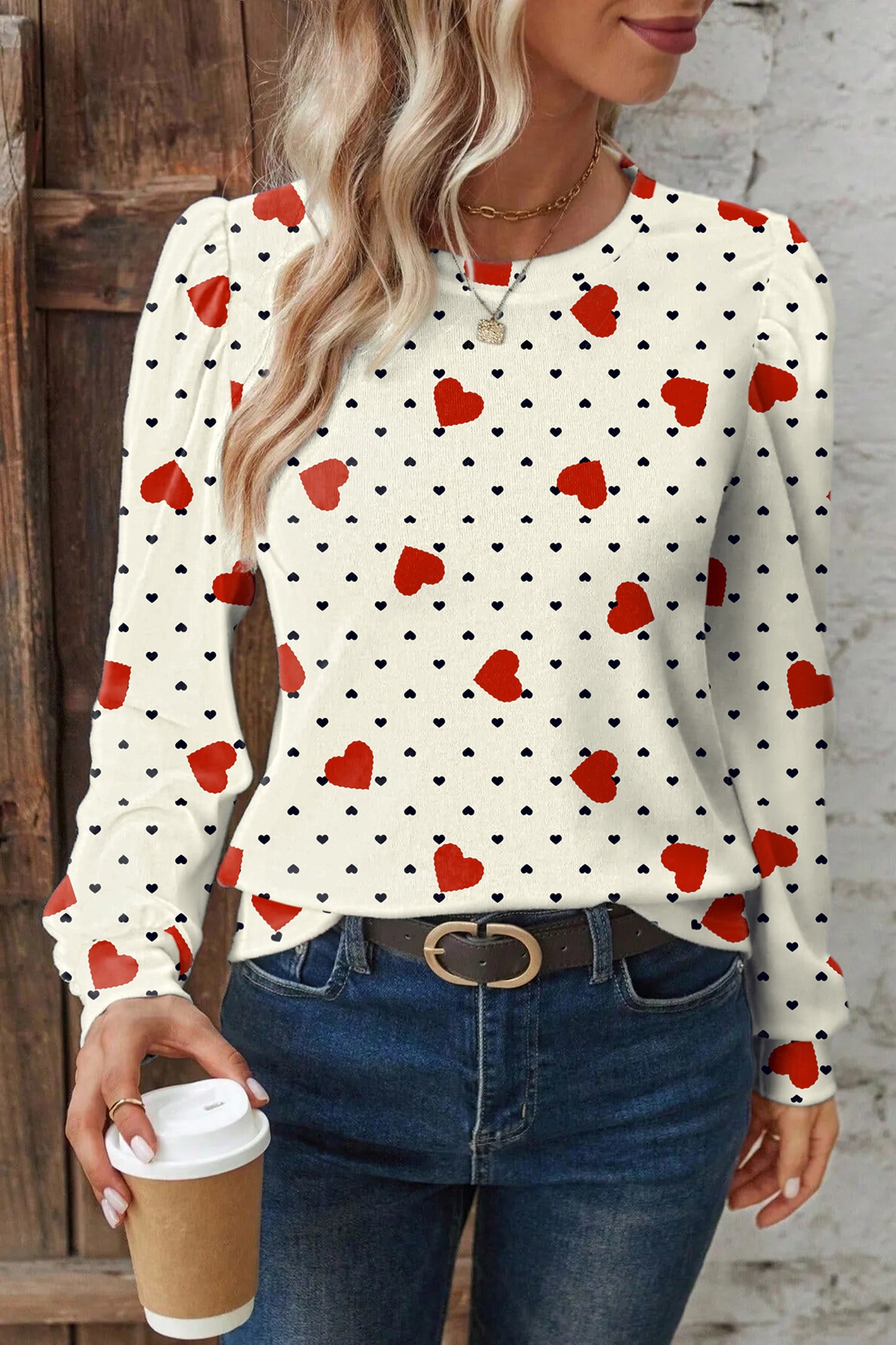 Beige Flower Heart Festive Valentine Blouse-Tops/Blouses & Shirts-[Adult]-[Female]-2022 Online Blue Zone Planet