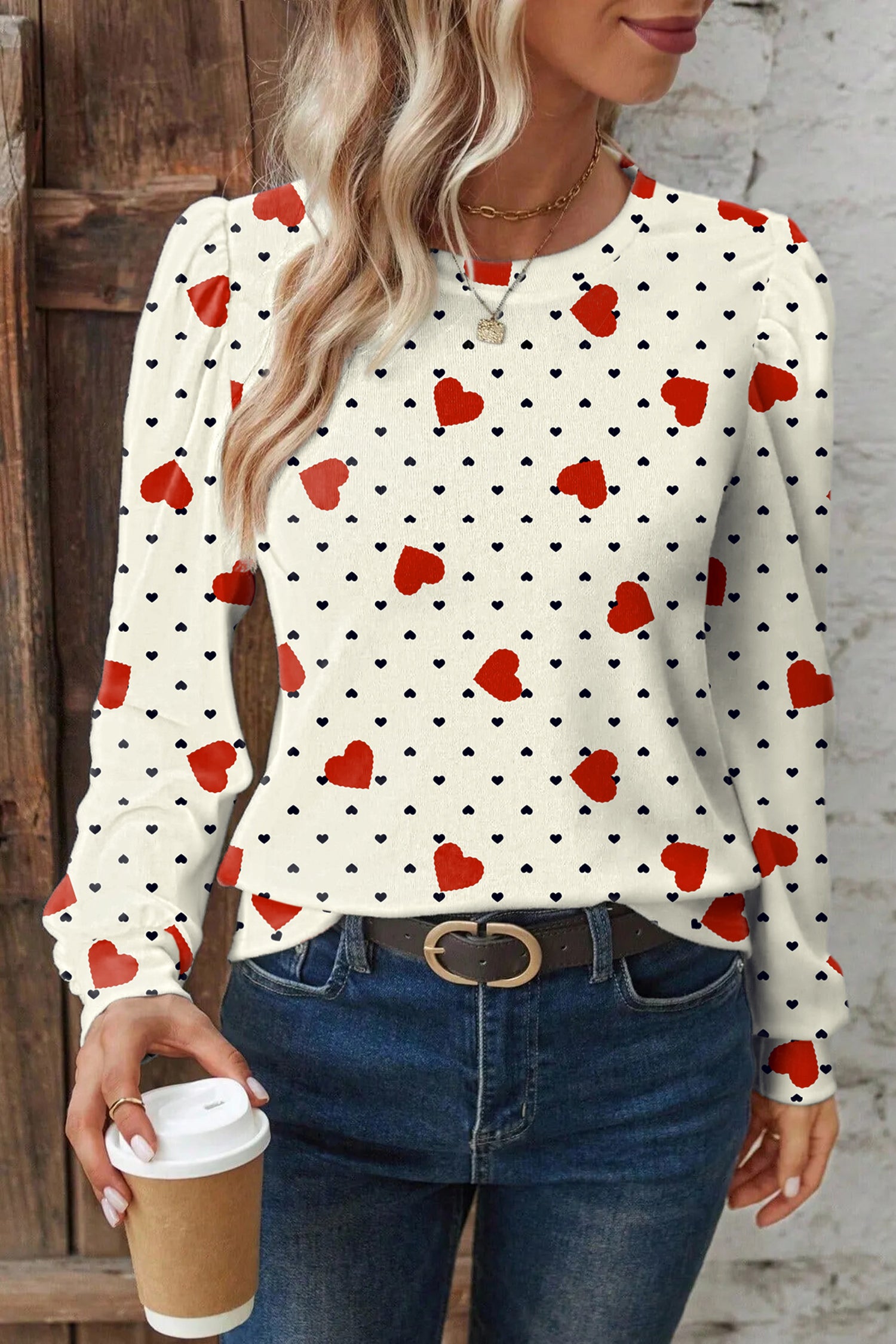 Beige Flower Heart Festive Valentine Blouse-Tops/Blouses & Shirts-[Adult]-[Female]-2022 Online Blue Zone Planet