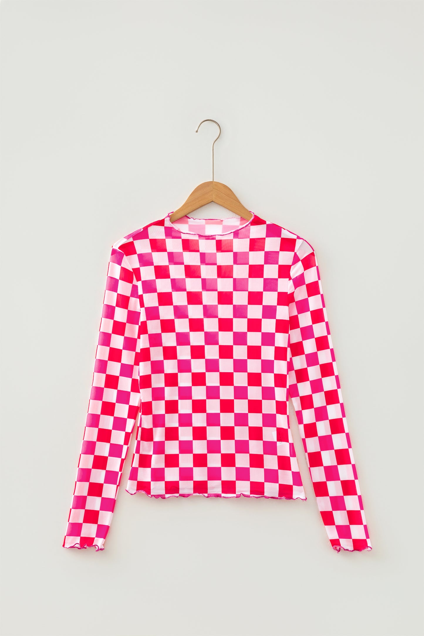 Rose Plaid Heart Mesh Sheer Long Sleeve High Neck Blouse-Tops/Long Sleeve Tops-[Adult]-[Female]-2022 Online Blue Zone Planet