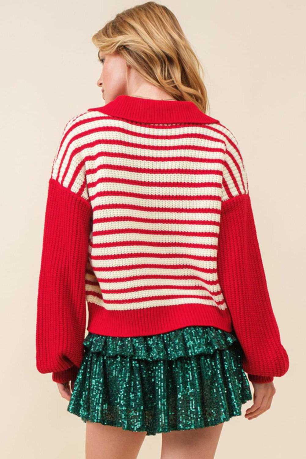 Striped Johnny Collar Long Sleeve Sweater-TOPS / DRESSES-[Adult]-[Female]-2022 Online Blue Zone Planet