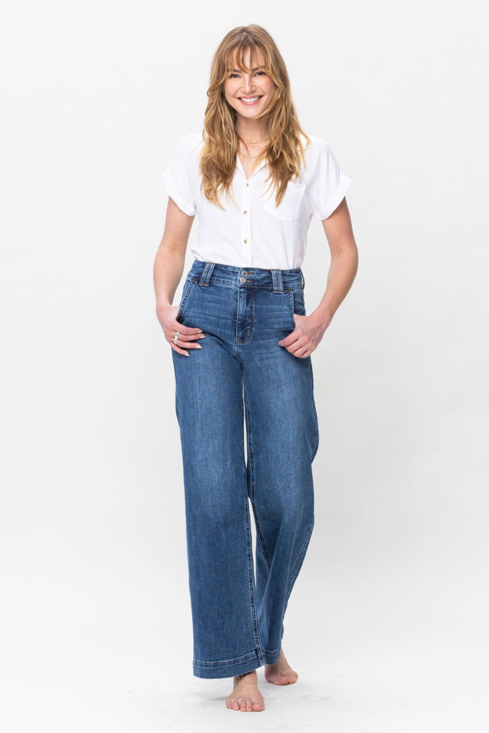 Blue Zone Planet | Judy Blue Full Size Double Button Wide Leg Jeans-BOTTOMS SIZES SMALL MEDIUM LARGE-[Adult]-[Female]-2022 Online Blue Zone Planet