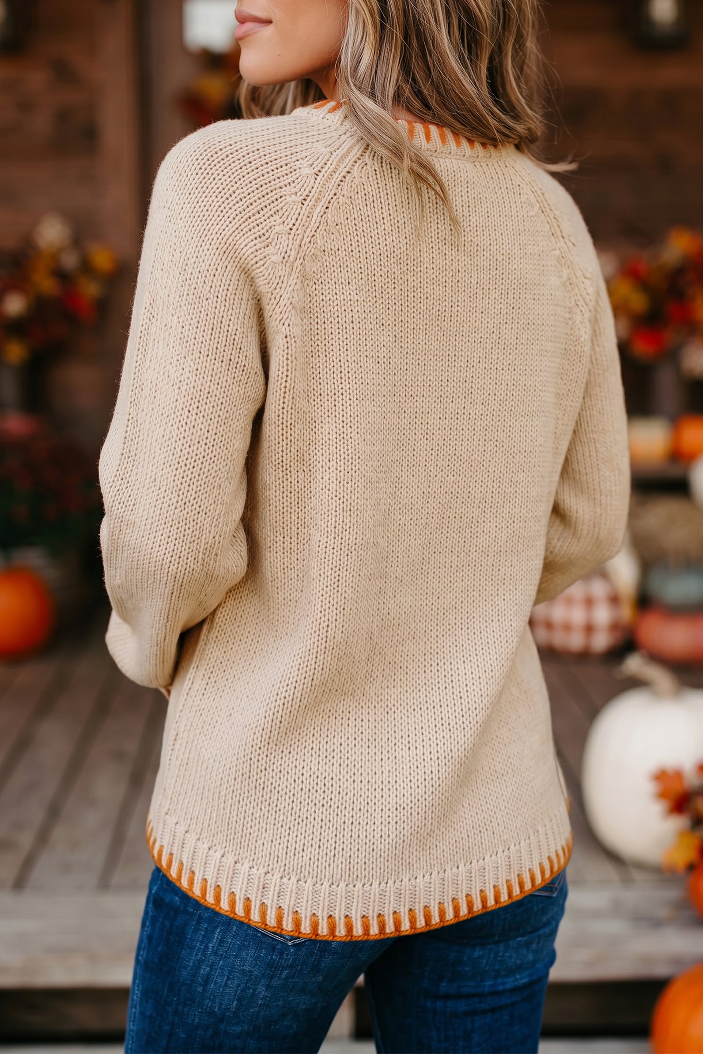 Parchment Floral Embroidery Pumpkin Long Sleeve Round Neck Sweater-Sweaters & Cardigans/Sweaters-[Adult]-[Female]-2022 Online Blue Zone Planet