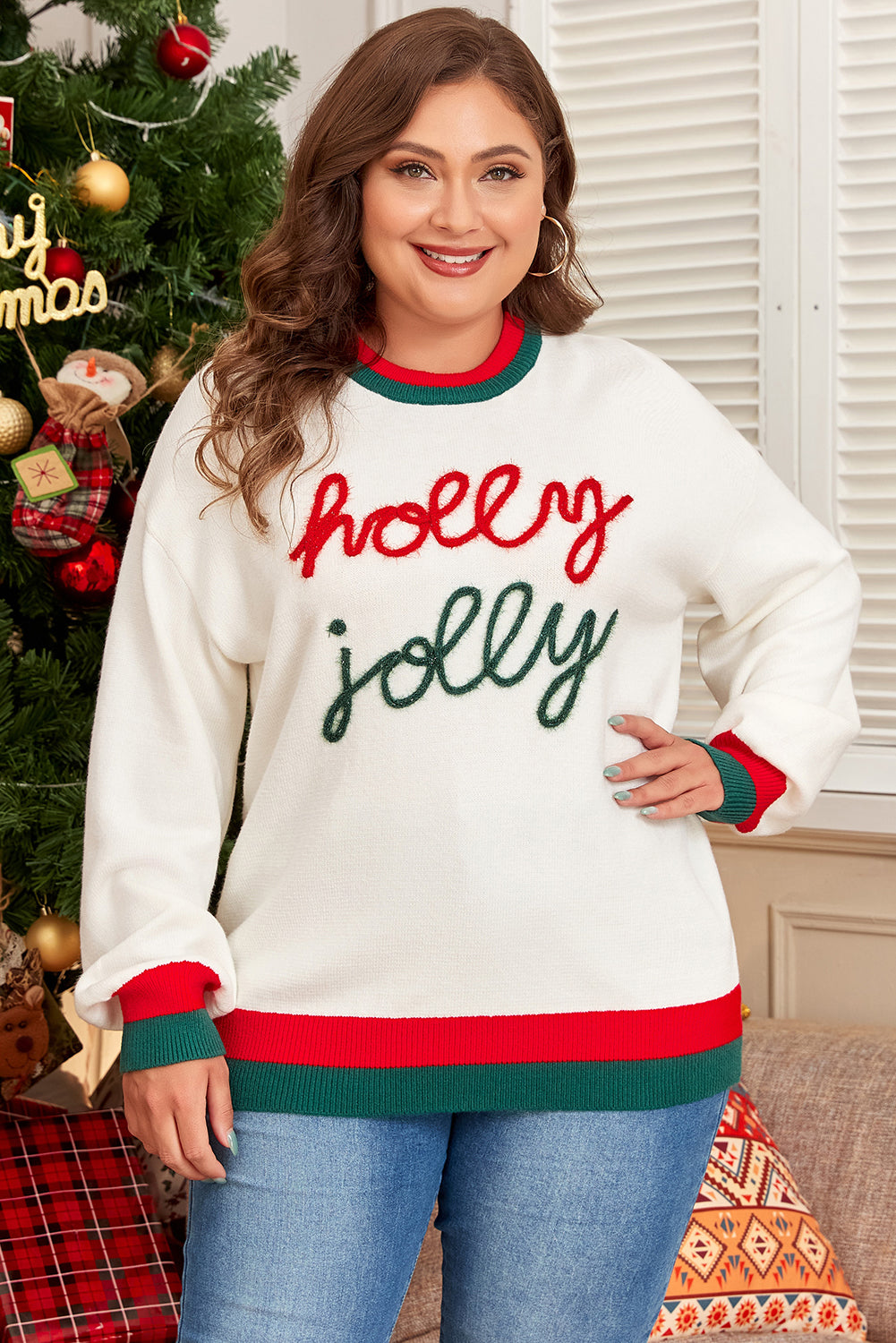 Blue Zone Planet | White Tinsel holly jolly Pattern Colorblock Edge Drop Shoulder Plus Size Sweater-Plus Size/Plus Size Sweaters & Cardigans-[Adult]-[Female]-2022 Online Blue Zone Planet