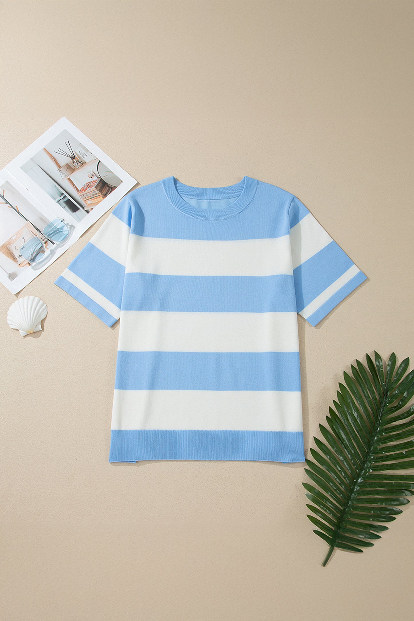 Sky Blue Stripe Colorblock Plus Size Short Sleeve Sweater-Plus Size/Plus Size Sweaters & Cardigans-[Adult]-[Female]-2022 Online Blue Zone Planet