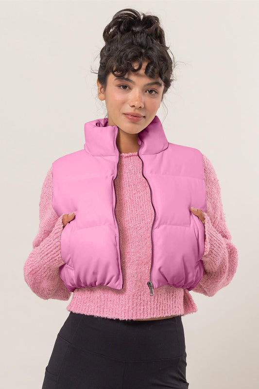 HYFVE Leather Zip Up Cropped Puffer Vest-TOPS / DRESSES-[Adult]-[Female]-Rose Pink-S-2022 Online Blue Zone Planet