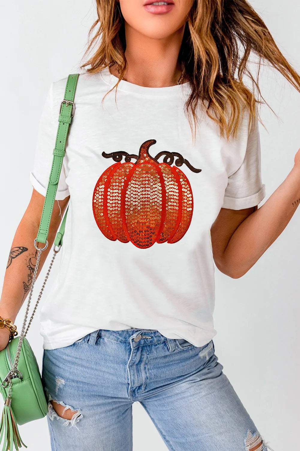 Full Size Sequin Pumpkin Round Neck Short Sleeve T-Shirt-TOPS / DRESSES-[Adult]-[Female]-2022 Online Blue Zone Planet