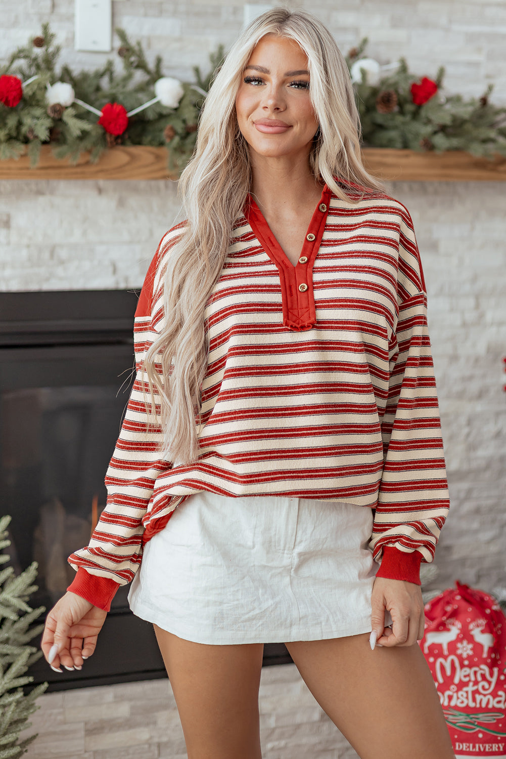 Blue Zone Planet | Pink Stripe Buttoned V Neck Collared Drop Shoulder Top-Tops/Long Sleeve Tops-[Adult]-[Female]-2022 Online Blue Zone Planet