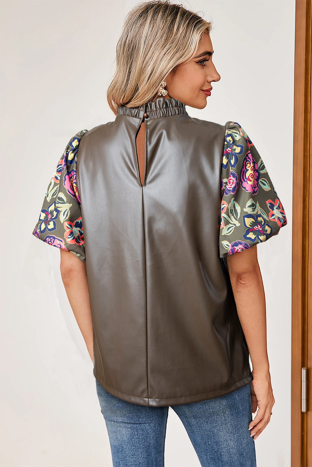 Four Leaf Clover Floral Bubble Sleeve Patchwork Leatherette Frilled Round Neck Blouse-Tops/Blouses & Shirts-[Adult]-[Female]-2022 Online Blue Zone Planet