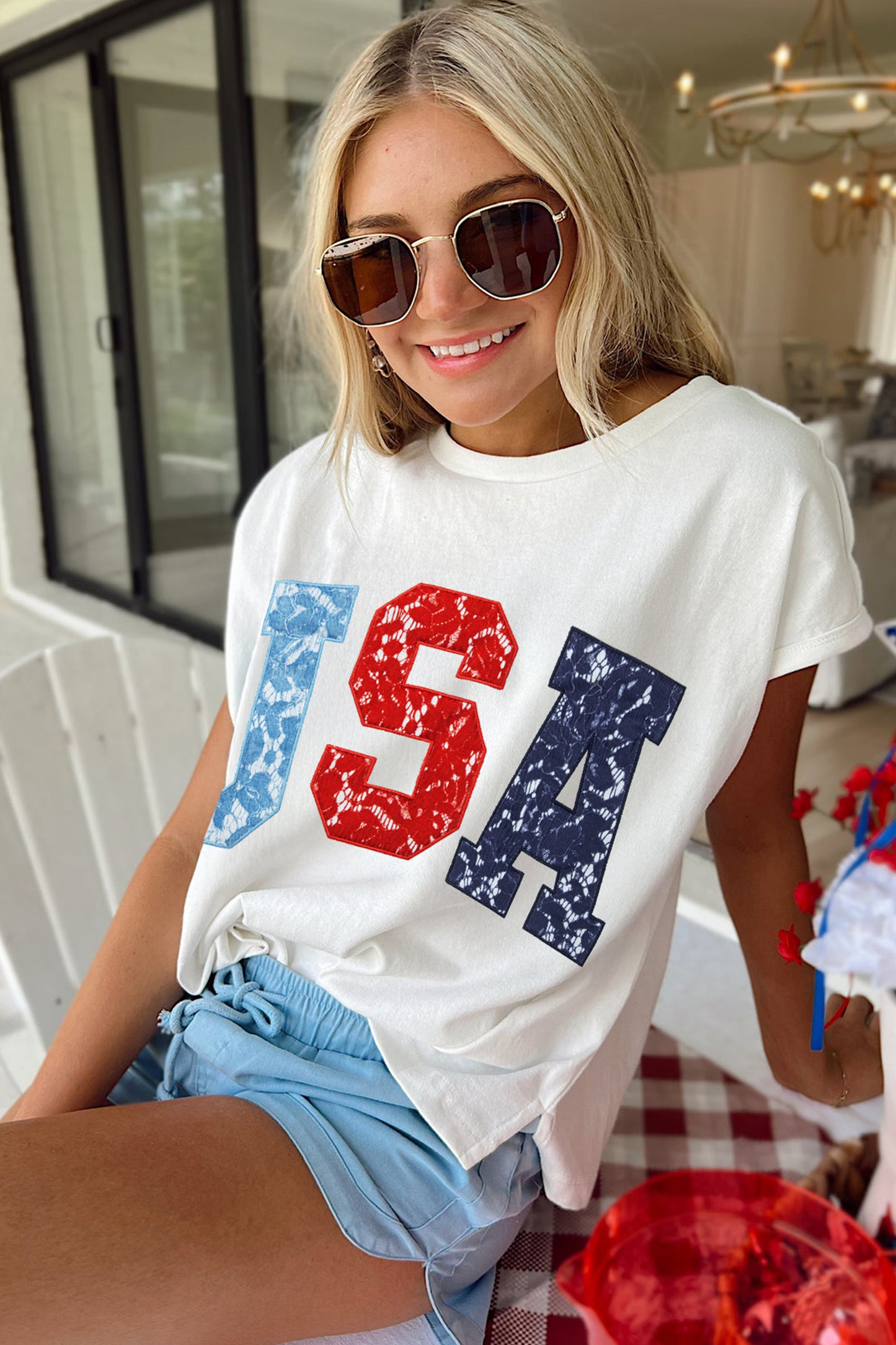 White USA Color Block Letter Printed Dolman Tee-Tops/Tops & Tees-[Adult]-[Female]-2022 Online Blue Zone Planet