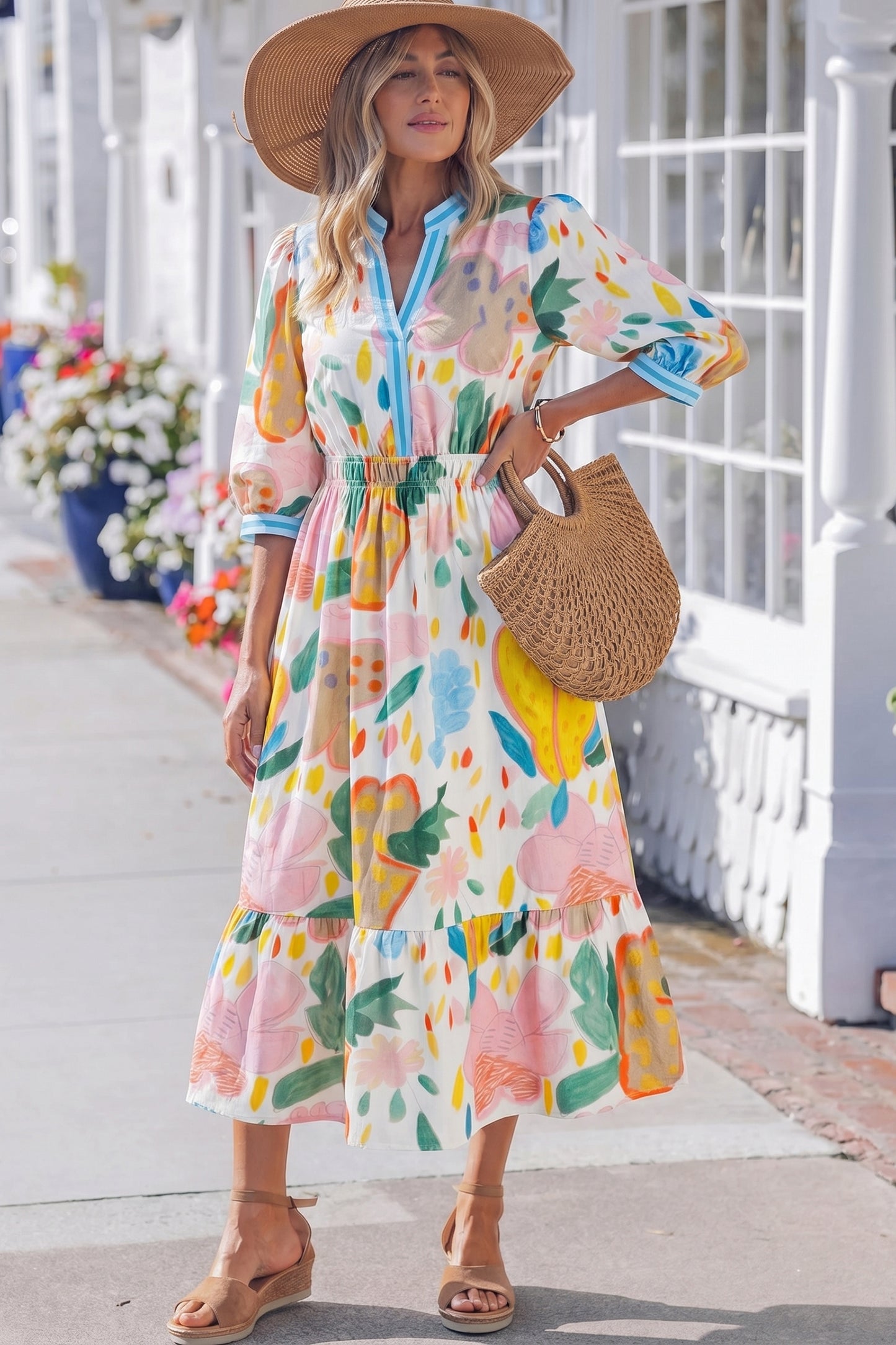 Multicolour Floral Doodle Print Striped Trim V Neck Midi Dress-TOPS / DRESSES-[Adult]-[Female]-2022 Online Blue Zone Planet