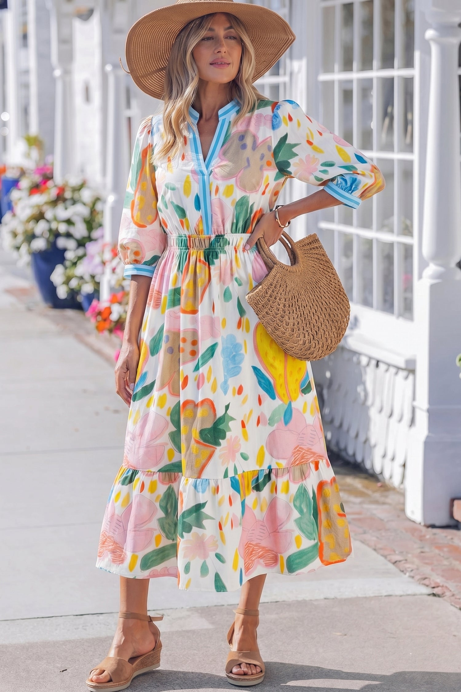 Multicolour Floral Doodle Print Striped Trim V Neck Midi Dress-TOPS / DRESSES-[Adult]-[Female]-2022 Online Blue Zone Planet