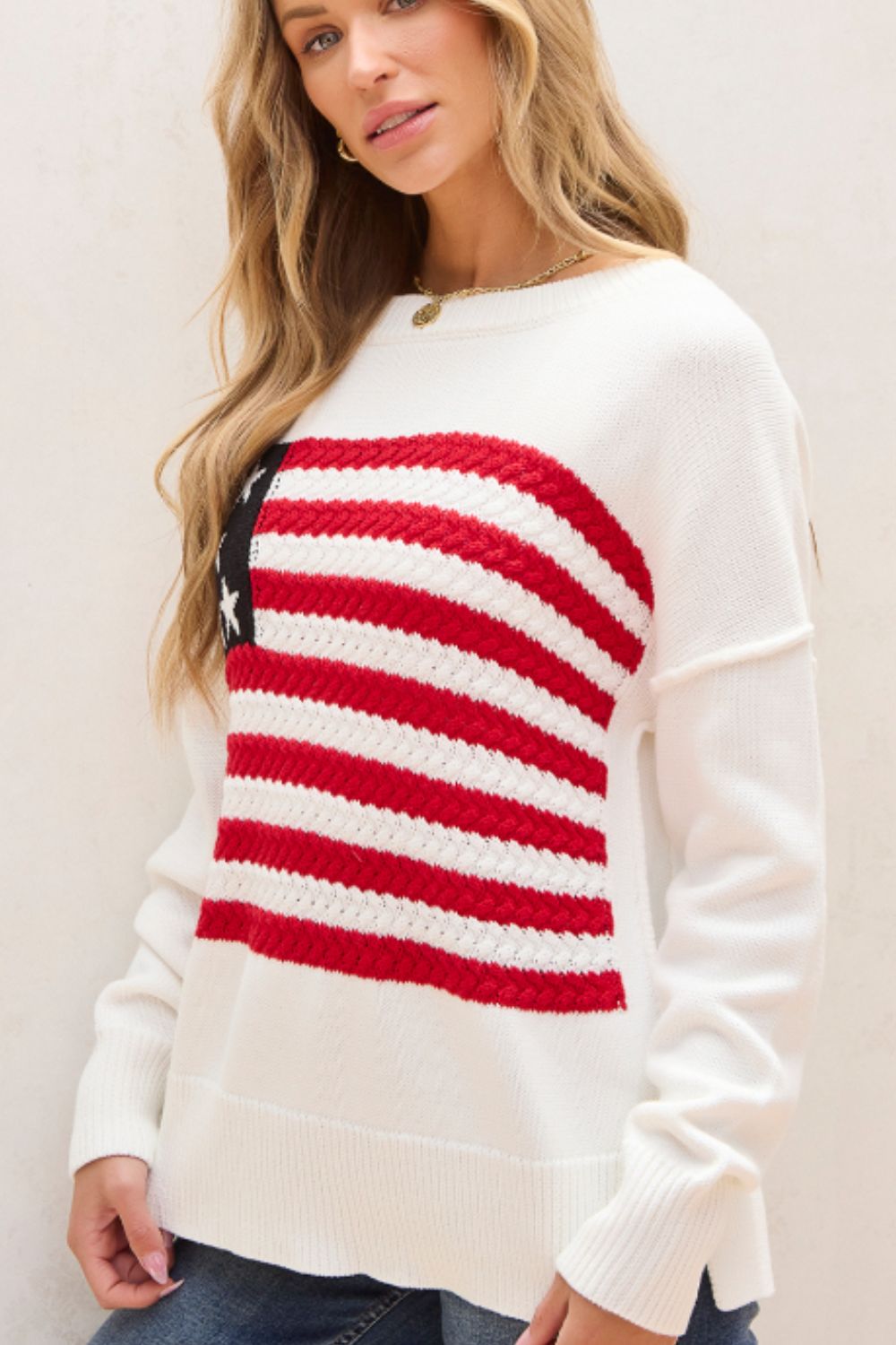 US Flag Side Slit Drop Shoulder Sweater-TOPS / DRESSES-[Adult]-[Female]-2022 Online Blue Zone Planet