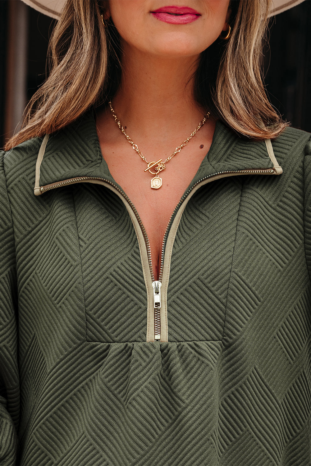 Jungle Green Quarter Zip Collar Bracelet Sleeve Textured Mini Dress-TOPS / DRESSES-[Adult]-[Female]-2022 Online Blue Zone Planet