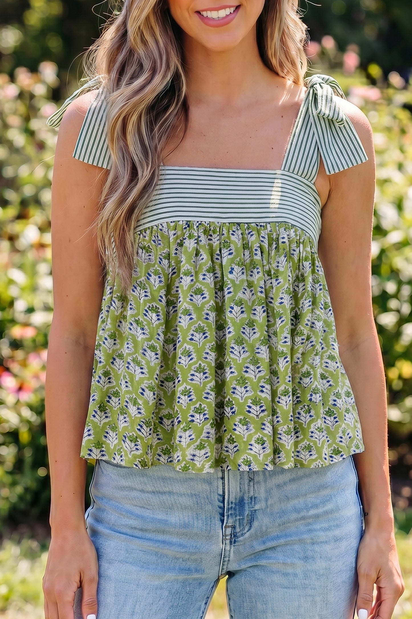 Pink Fashion Printed Knot Straps Babydoll Tank Top-Tops/Tank Tops-[Adult]-[Female]-Green-S-2022 Online Blue Zone Planet