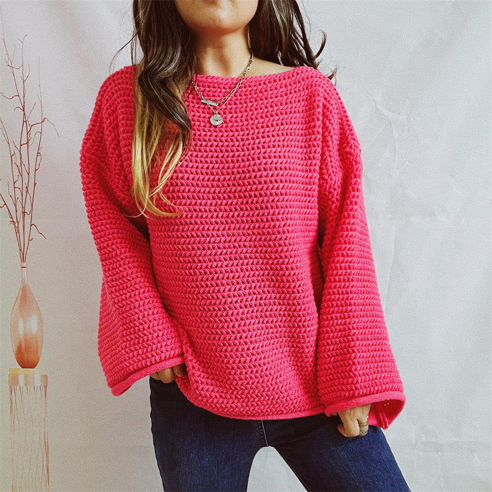 Openwork Boat Neck Long Sleeve Sweater-TOPS / DRESSES-[Adult]-[Female]-Red-S-2022 Online Blue Zone Planet