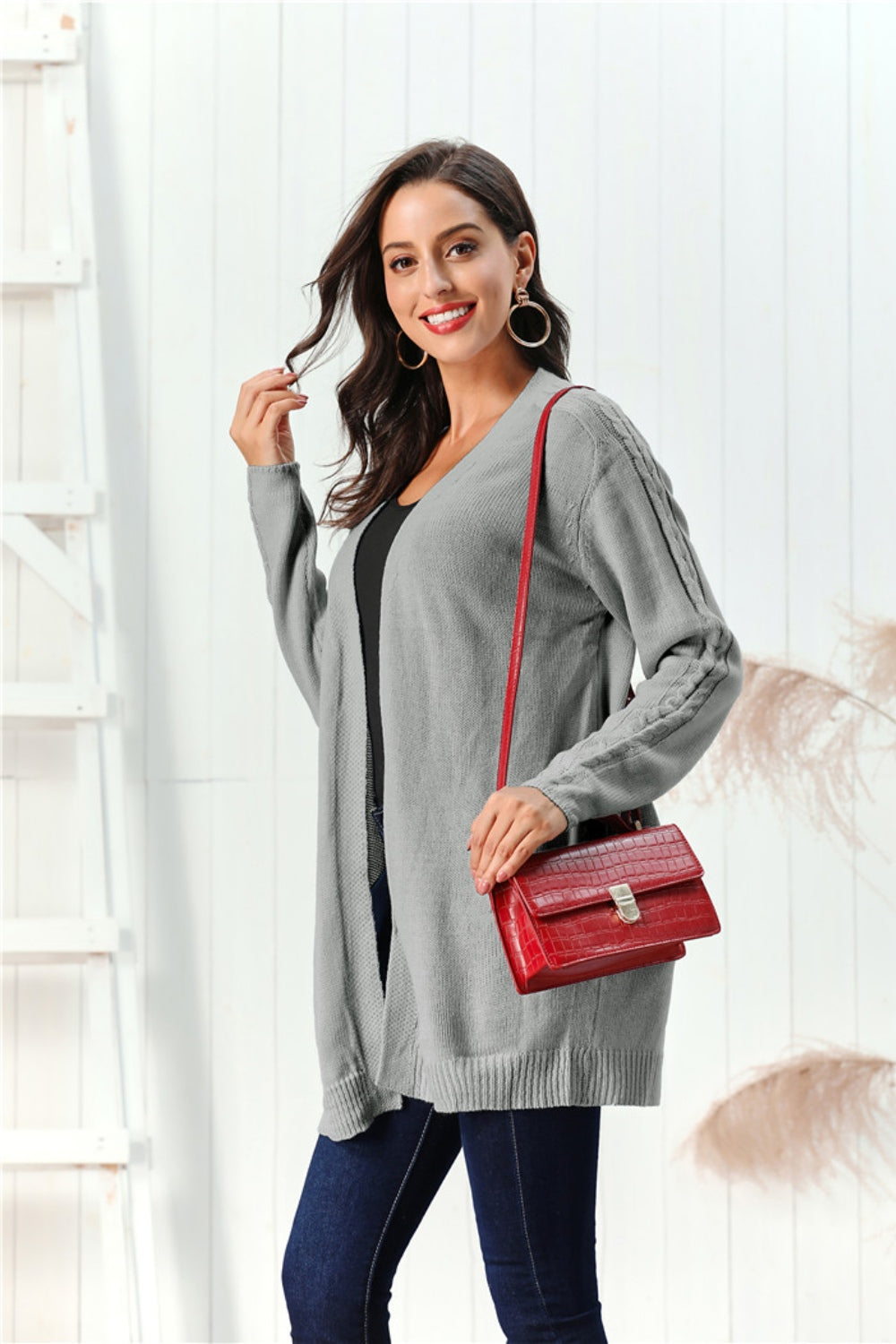 Cable-Knit Open Front Long Sleeve Cardigan-NEW ARRIVALS-[Adult]-[Female]-Gray-S-2022 Online Blue Zone Planet