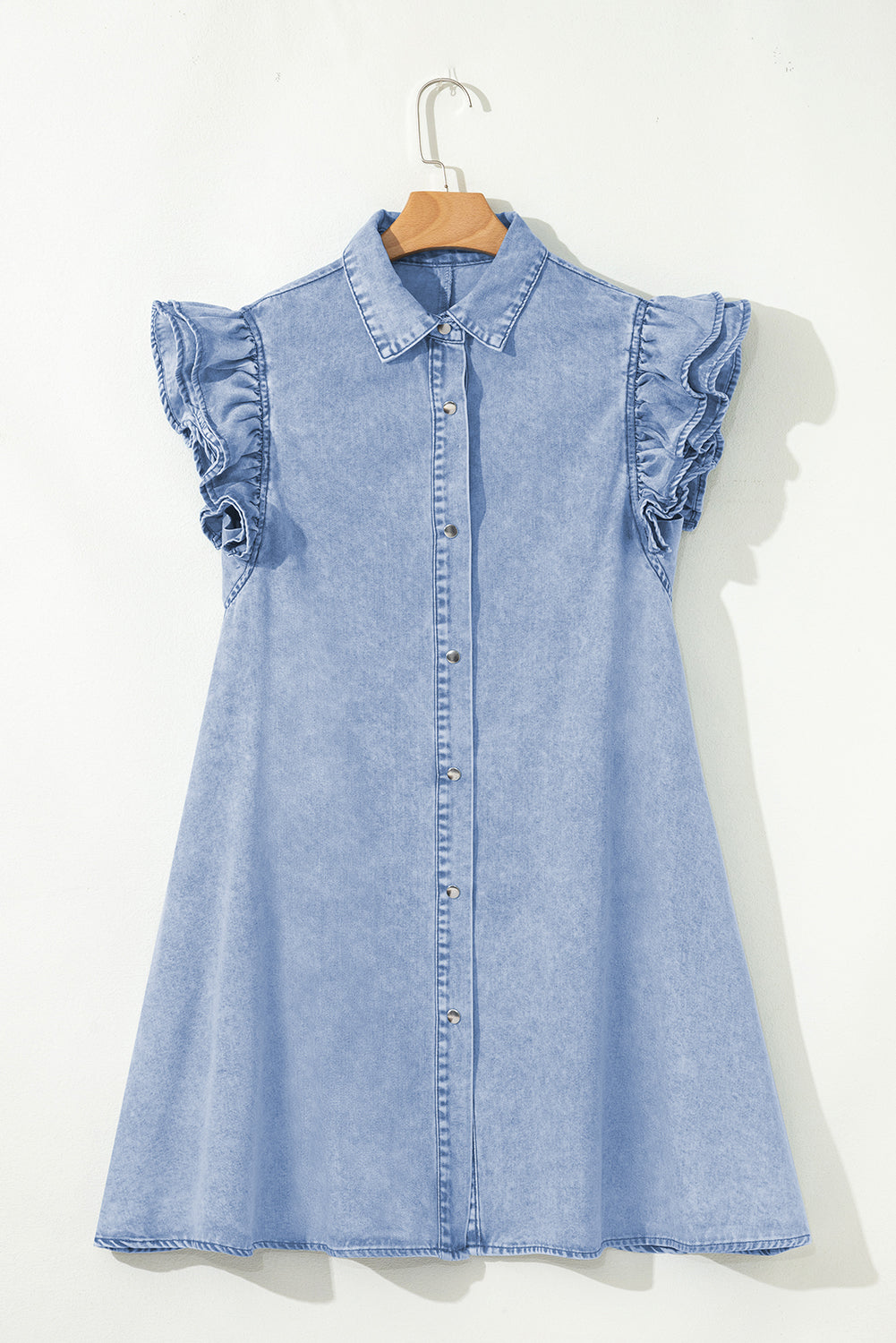 Beau Blue Double Ruffled Sleeves Buttoned A-line Collared Mini Denim Dress-TOPS / DRESSES-[Adult]-[Female]-2022 Online Blue Zone Planet