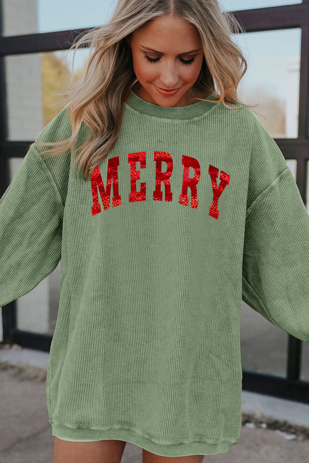 Grass Green Christmas MERRY Letter Printed Corded Baggy Sweatshirt-Graphic Sweatshirts-[Adult]-[Female]-2022 Online Blue Zone Planet